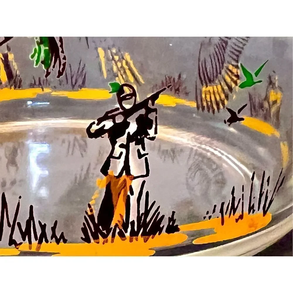 Vintage MCM Hazel Atlas Pheasant Hunters Dogs Ice Snack Bowl Glassware Barware